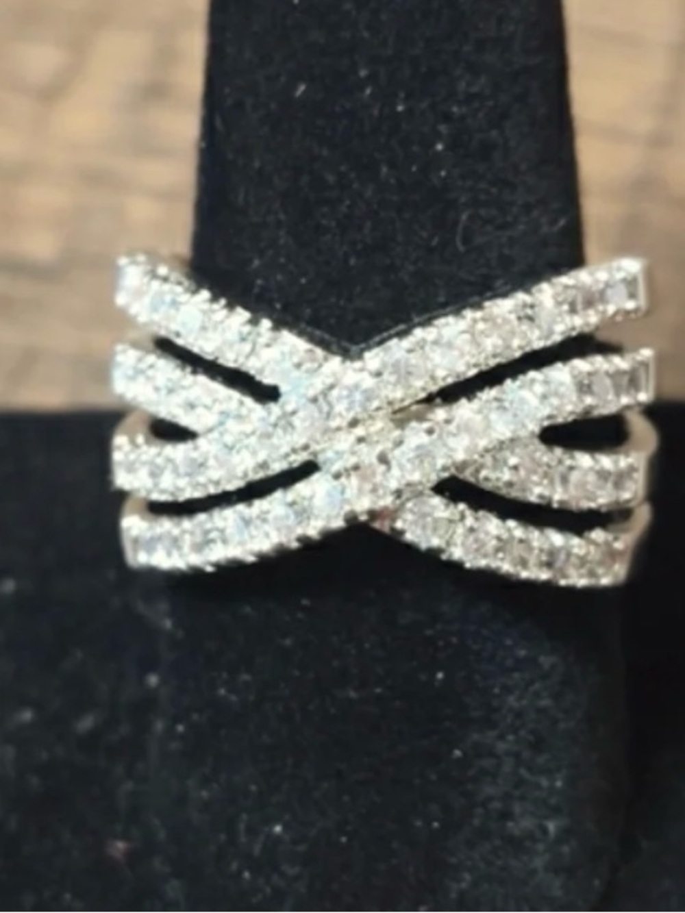 Sterling Silver VTG 4 Crisscross Cubic Zirconia Ring Size 7 Gorgeous Sparkle